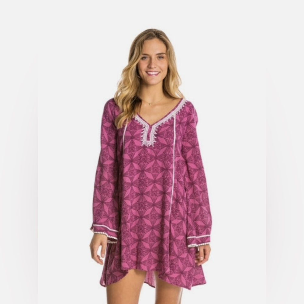 O’Neill Long Wide Bell Sleeve Crochet Lace Trim PomPom Vacation Dress